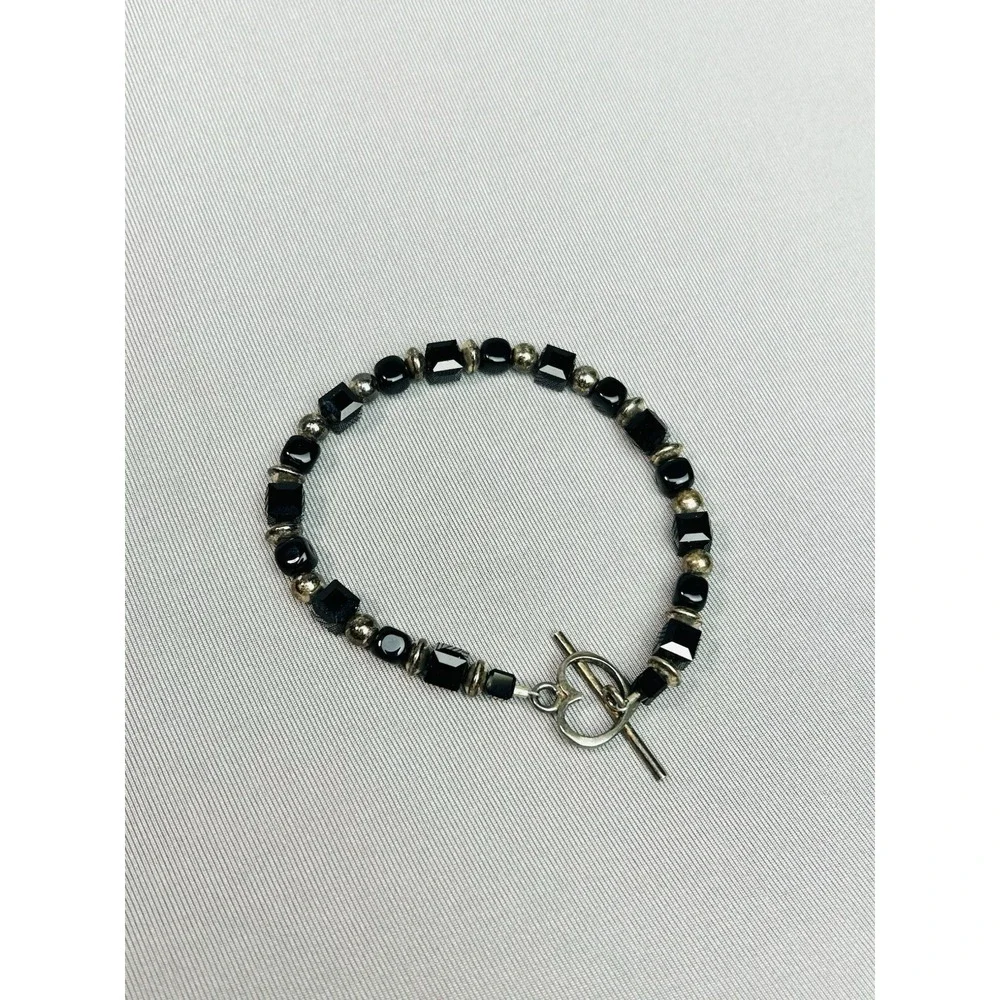 Sterling Silver Black Beaded Bracelet‎ With Heart Clasp READ